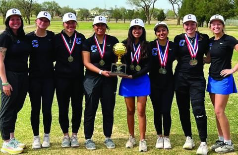 The Childress Lady Cats qualify for the regional golf tournament, taking gold at the recent district invitational. From left: Coach Kendalyn Ferguson, Harlie Meacham, Emma Jalomo, Cassandra Castor, Elena Jurado, Isa Jurado, Colee Cox and Joslynn Roark. Courtesy Photo