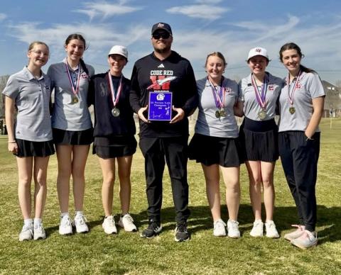 The Wellington Lady Rocket golf team puts on an impressive performance Monday, March 2, finishing as the first-place team at the AA-Regional Preview at Palo Duro Creek Golf Course in Canyon. They also came home with a first-place medal by Allie Duncan, a secondplace medal by Maggie Tillman and a sixth-place medal by Elli Ouellette. From left: Hartley Kane, Anna Dwyer, Tillman, Coach Klark Ashmore, Duncan, Ouellette, Brynlee Proffitt. Wellington High School