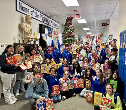 Childress Junior High School (CJHS) seventh-grade Leadworthy students collect over 70 cereal boxes to donate to the Childress Food Pantry. “Service is a core value at CJHS,” CJHS Principal Janet Pierce said. “We believe when we can give to others, we give to ourselves too.” Childress Junior High School