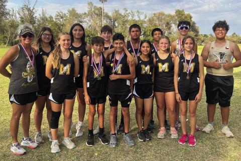 The Memphis Middle School and Memphis High School cross country teams compete at the UIL 2A District Meet Wednesday, Oct. 9 in Wheeler. Back row, from left: Coach Michelle Branigan, Briseyda Cantu, Ariya Garcia, Hutch Ollinger, Evin Zuniga, Demitri Sanchez, Kyler Robison, Nick Perez. Front row, from left: Mylee Robison, Aidan Hoffine, Julian Rodriguez, Mari Soto, Mikayla James, Elizabeth Hoffine. Photos Courtesy of Memphis ISD