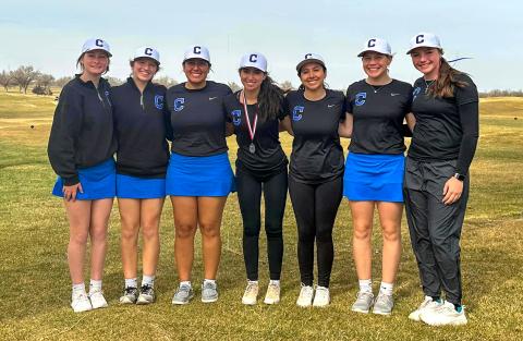 Courtesy Photo The Childress Lady Cats compete in the Amarillo High Golf Tournament Friday, Feb. 24 and Saturday, Feb. 25 at Ross Rogers Golf Course. From left: Harlie Meacham, Joslynn Roark, Cassandra Castor, Elena Jurado, Isa Jurado, Emma Jalomo, Colee Cox. 