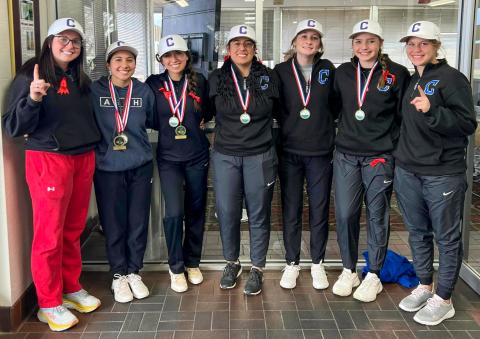 The Childress Lady Cat golf team takes a first-place finish at the Canadian Invitational Monday, Feb. 13. From left: Coach Kendalyn Ferguson, Isa Jurado, Elena Jurado, Cassandra Castor, Harlie Meacham, Colee Cox, Emma Jalomo. 
