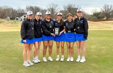 The Childress Lady Cat golf team finishes first at the Wichita Falls Rider Invitational Wednesday, March 1. From left: Emma Jalomo, Josylnn Roark, Cassandra Castor, Elena Jurardo, Isa Jurardo, Harlie Meacham. 