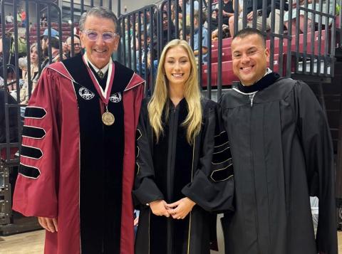 West Texas A&M University President Dr. Walter V. Wendler, left, Student Body President Kyal Browne and Wellington High School Principal Jermaine Cantu pause for a photo prior to the West Texas A&M University graduation ceremonies, where Cantu delivered the Alumni Charge at all four graduation proceedings.