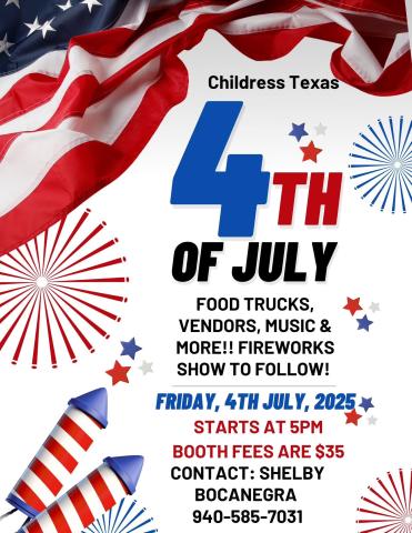 The Fourth of July Party in the Park, including vendors, live music, a kids’ parade, fireworks and more, will begin at 5 p.m. Friday, July 4 at Fair Park in Childress. 