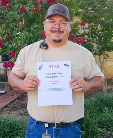 A member of the maintenance staff, Larry Molina accepts the Collingsworth General Hospital STAR honor for the second quarter of 2025. An “all-around great guy”, Molina is applauded for being a very kind, mannerly and respectful person. 