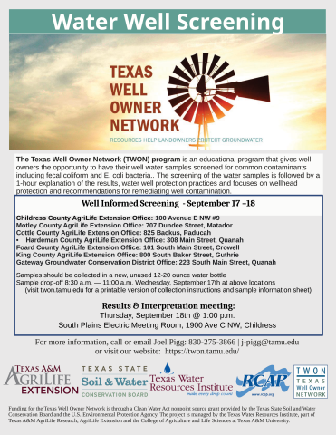 The Texas Well Owner Network, TWON, will host private water well screenings, open to Childress, Cottle, Collingsworth, Donley, Foard, Hall, Haredman, King and Motley County residents, Wednesday, Sept. 17-Thursday, Sept. 18.