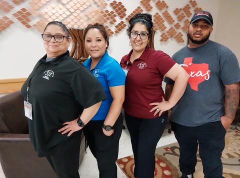 Housekeeping Supervisor Silvia Saucedo, left, Sara Gonzalez, Yasmin Rios and Anthony Evans are among nine staff members who maintain housekeeping at Childress Regional Medical Center and Fox Rural Health Clinic. Other staffers are Rafael Chacon, Maria Ramirez, Irene Martinez, Sharon Pyles and Adelita Lara. 