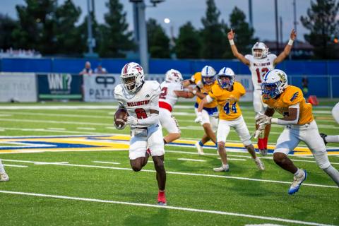 Wellington’s Kamron Brooks (8) amasses 105 receiving yards and two touchdowns during the Skyrockets’ 44-22 on-the-road victory over Lubbock Christian last Friday night, Sept. 19 at Masked Rider Capital Field. Senior Gustavo Soto (22) fends off the Eagles, while junior quarterback Callen Kane (12) completed 16-of-24 passes for 177 yards and four touchdowns.  