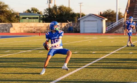 Childress’ Luke Rodriguez hurls a pass against City View Friday, Sept. 26 at Fair Park Stadium in Childress. 
