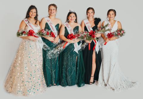 The historic Ritz Theatre served as the site for the crowning of the 2025 Miss Wellington Scholarship Pageant queen, freshman Ava Peters, center, at 3:30 p.m. Saturday, Oct. 4. The court includes third runner-up, freshman Kaycee Martinez, left; second runner-up, senior Rylyn Colson; Peters; first runner-up, junior Ceighley Killian; and third runner-up, senior Treylea Wiebe. 