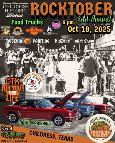 Childress Downtown Historical Association’s Second Annual Rocktober, including a farmers’ market, food trucks, a retro car show, an art show, live music and more, will be held 6 p.m. Saturday, Oct. 18 in downtown Childress. 