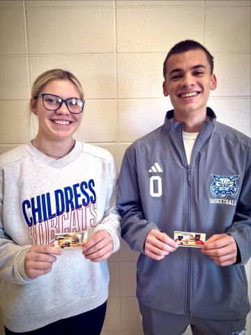 Childress’ Emma Jalomo and Caleb Moore are the McDonald’s Wednesday Whoppers of the Week, thanks to recent game-aiding plays. Jalomo averaged 17 points over the last five games, helping lead her team to the Brady Tournament Championship, while Moore averaged 15 points over the last five games, leading his team to a 4-1 record. Moore was also selected to the Childress Rotary Holiday Basketball Invitational All-Tournament Team. 