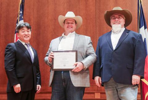 City Administrator of Memphis Jack Owens is awarded the designation of Certified Public Manager (CPM) through the Texas Tech University Department of Political Science, CPM Cohort, at a statewide commencement ceremony Friday, Dec. 5 at the Texas State Capitol in Austin. From left: Dr. Sung-Wook Kwon, Professor and Director of Center for Public Service, Department of Political Science at Texas Tech University; Owens; James Earp, event keynote speaker and City Manager of Hutto. 