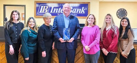 Childress InterBank staff commends the longtime service of Executive Vice President and Community Bank President Chad Holland with a Christmas Open House and Retirement Celebration from 11 a.m.-1:30 p.m. Tuesday, Dec. 9. From left: Personal Banker Katie Hittson, Personal Banker Wendy Salazar, Assistant Vice President Diane Evans, Holland, Vice President Farrah Holcomb, Teller Ashlyn Back and Teller Ruby Santos.