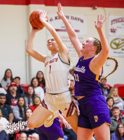 Lady Rocket sophomore Kambrie Fisher (1) fights for a scoring position against the No. 1 state-ranked Panhandle Lady Etts last Friday night, Jan. 9 in Wellington. The Lady Rockets held their own, as Panhandle had only a two-point lead at halftime, but came up shy, 48-39, as the final buzzer sounded.