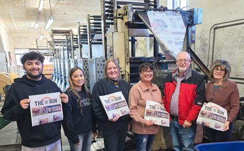 The Red River Sun staff enjoyed a tour of Community Printers, located in Shamrock, last Wednesday, Jan. 21, where about 30 area newspapers are printed. The staff observed and learned more about the entire newspaper production process, from platemaking through offset printing. From left: Circulation Director Synghyn Beasley-Vasquez, reporter Shauna Salinas, Managing Editor Elizabeth Tanner, Advertising Manager Tara Allred, Publisher Roger Estlack, Assistant Editor Bev Odom. 