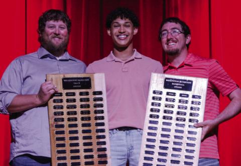 Junior Brenden Garcia accepts the Distance award for track, presented by Coach Creighton Henderson, and the Offense award for basketball, presented by Coach Quenton Patterson at Wellington High School’s (WHS) All-Sports Banquet at 6:30 p.m. Thursday, May 17 at the WHS auditorium. The Red River Sun/Shauna Salinas