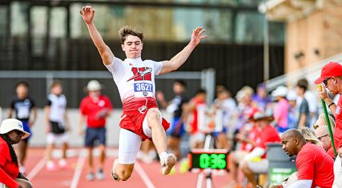 Also competing for the Rockets, Jimmy “Jax” Cantu takes eighth in the Men’s 2A Long Jump at the UIL Texas State Track and Field Championships Saturday, May 16 at The University of Texas at Austin, securing a jump of 21-01.75. MICAH MCCARTNEY/THE GREENBELT INTREPID