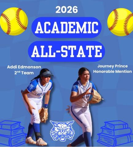 Childress Lady Cats Addi Edmondson, second-team selection, and Journey Prince, Honorable Mention, are selected to the Texas High School Coaches Association Academic All-State softball teams. To be nominated for Academic All-State, a student must be an athlete, student trainer or manager in good standing with the team; of good moral character; a senior; and have an overall grade point average of 92 or above. CHILDRESS BOBCAT BOOSTERS