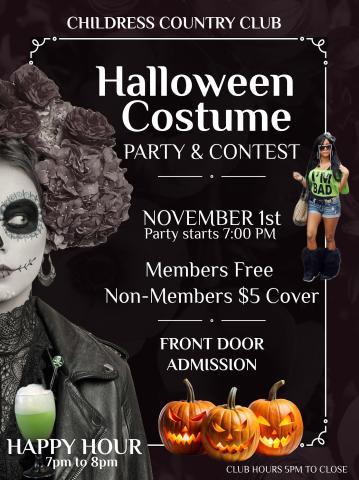 The Childress Country Club will host a Halloween Costume Party and Contest Saturday, Nov. 1. The party will begin at 7 p.m., with Happy Hour from 7-8 p.m. Front door admission will be free for members and $5 for non-members. “This year, Childress County Club is the place to be for fun and excitement,” organizers said. “Come be a part of the fun at Childress Country Club — where every moment is a celebration.” Childress Country Club