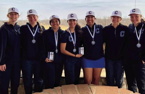 The Childress Lady Cat golf team currently holds three first-place team finishes, as well as one third-place team finish. From left: Harlie Meacham, Emma Jalomo, Isa Jurado, Elena Jurado, Cassandra Castor, Joslynn Roark, Colee Cox. Courtesy Photos