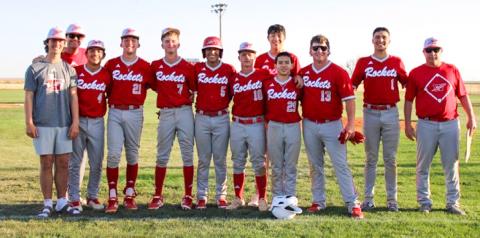 The Wellington Skyrockets open district with a 16-6 win over the Quanah Indians Tuesday, March 24 in Wellington. From left: Lawson Inman, Assistant Coach Greg Proffitt, Trevyn Wiebe, Cix Killian, Jax Heflin, Alex Orozco, Colton Jernigan, Leo Granadoz, Dahmian Salinas, Hunter Hedrick, Major Brown, Coach Jeff Anderson The Red River Sun/Shauna Salinas