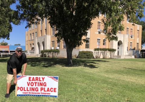 Collingsworth County Courthouse custodian June Herrera posts the early voting signs on Monday, Oct. 20. Early voters can cast ballots for the Constitutional Amendment Election through Friday, Oct. 31. Election Day is Tuesday, Nov. 4. The Red River Sun/Bev Odom