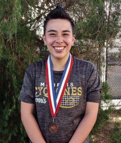 Memphis High School senior Corrina Torres takes a thirdplace finish in the girls’ singles during the District Tennis Tournament in Vernon Tuesday, March 21. Photo Courtesy of Memphis ISD