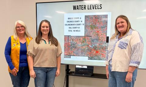 Wellington Boss Lion Lori O’Rear, left, welcomes guests, Mesquite Groundwater Conservation District (MGCD) Administrative Assistant and Field Tech Samantha Bohannon and MGCD General Manager Whitney Wiebe, to the Monday, Feb. 16 meeting of the Wellington Lions Club. The team summarized the history, purpose and impact of the MGCD. The Red River Sun/Bev Odom