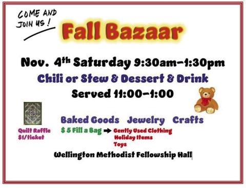 The Wellington Methodist Women’s quilt raffle will take place at the annual Fall Bazaar, set for 9:30 a.m.-1:30 p.m. Saturday, Nov. 4 at the Fellowship Hall, 911 Bowie St. A tradition since the 1950s, the bazaar will offer a time of fellowship, food and fun as the community is invited to come shop at the fundraising event. The quilt drawing is set for 1 p.m. Proceeds from the occasion help send youth from all denominations to summer church camp. Courtesy Image