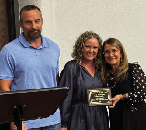 Collingsworth County Chamber of Commerce hosted its 2024 Awards Banquet at 6:30 p.m. Saturday, Oct. 19 in the ballroom of the Bura Handley Community Center. The Business of the Year award is presented to My-T-Burger owners Jason and Kristi Folk, left, by Collingsworth County Chamber of Commerce President Karen Caldwell. Photos Courtesy of Collingsworth County Chamber of Commerce
