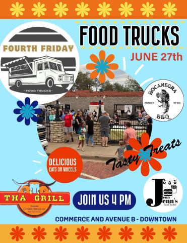Fourth Friday Food Trucks will host the first-ever eats-on-wheels event beginning at 4 p.m. Saturday, June 27 on the corner lot of Commerce St. and Ave. B NW. Featured food trucks will include Bocanegra BBQ, Jenn Jenn’s Food Trailer and Tha Grill. Fourth Friday Food Trucks