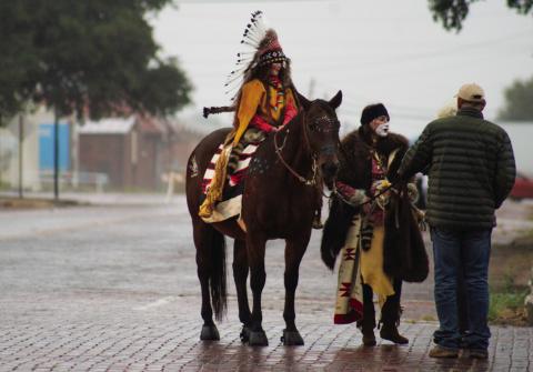 Bella Blu Sanders, accompanied by Jaime Sanders, attend Childress Main Street’s Downtown Trick-or-Treating event via horseback Saturday, Oct. 28.