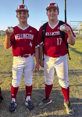 Wellington High School juniors Jackson Jones, left, and Caleb Strickland both hit grand slams Friday, March 22 against Memphis, securing a 23-5 Skyrocket win. Courtesy Photo