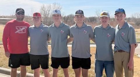 The Wellington Skyrocket golf team tees off the 2026 season in championship fashion Tuesday, Feb. 24 at the Amarillo Highland Park Invitational, capturing the first-place team title. Individually, Carter Ouellette delivered a remarkable round of 71, earning him the first-place individual medal and leading the Rockets to victory. From left: Coach Klark Ashmore, Hunter Hedrick, Jax Heflin, Gunner Guy, Miles Ouellette and C. Ouellette. Wellington High School