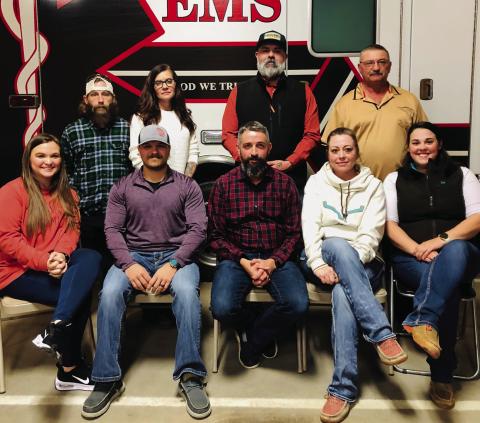 Wellington Emergency Medical Service first responders gather Saturday, Jan. 4 for the annual banquet to recap 2024. Samantha Blacksher and Charmayne Hampton accepted EMT of the Year accolades. Front row, from left, Carle Kemp, Ethan Cummings, Noah Downing, Krystle Tarver, Hampton. Back row, from left: Logan Cummings, Blacksher, Michael Ryan, Farris Nation. Not pictured: Matt Orr. Courtesy Photo