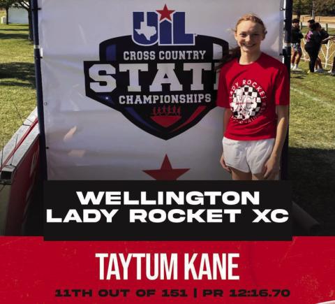 Wellington’s Taytum Kane recently competed in the 2A UIL State Cross Country Championships, finishing 11th out of 151 competitors with a personal record time of 12:16.70 Friday, Nov. 1 at Old Settlers Park in Round Rock. Her first time to compete on the state level, Kane, a freshman, missed the medal stand by one place. Courtesy Photo