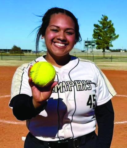 Memphis’ Keona Pierson hits a grand slam against Borger during the Pampa Tournament Friday, Feb. 28. Memphis ISD