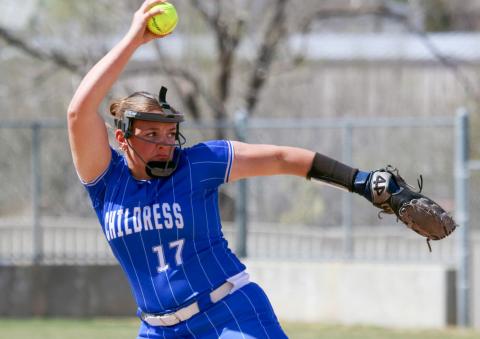 Childress’ Ansley Parr strikes out 13 hitters in the Lady Cats’ 11-1 victory over River Road Friday, March 20 in Amarillo. Press Pass Sports/Tyler Anderson
