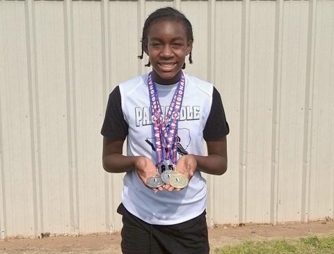 Memphis’ Aija Johnson takes silver in the 100- and 200-meter dash at the Texas Amateur Athletic Foundation (TAAF) Region 9 Regional Track and Field Championships Saturday, July 12 at Lubbock-Cooper Liberty’s Patriot Stadium in Lubbock, qualifying for the upcoming TAAF State Games of Texas Track and Field Championships. Courtesy Photo