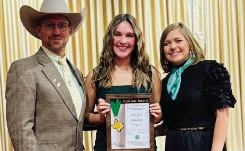 Collingsworth County 4-Her and Wellington High School senior Emma Flores, center, accepts the Gold Star Award at the District 1 4-H Gold Star Banquet on Monday, Oct. 21 at the West Texas A&amp;M University Alumni Banquet Facility in Canyon. The Gold Star Award is the highest achievement that can be accomplished in Texas 4-H. District 1 Extension Administrator Josh Brooks, left, made the presentation. District 1 4-H Specialist Tina Bryant congratulates Flores. Photo Courtesy of Collingsworth County 4-H