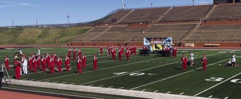 Under the leadership of senior Drum Majors Kali Brewer and Addy Mock, the 60-piece Rocket Regiment performs its 2023 show, “A Night at the Movies,” at the UIL Region 1 Marching Contest Saturday, Oct. 14 at Dick Bivins Stadium in Amarillo. “They earned straight 2s, but this young group has grown so much this year,” said Wellington High School Principal Jermaine Cantu. “We are proud of you.” Justin Mixon and Harley Warrick serve as directors. Courtesy Photo