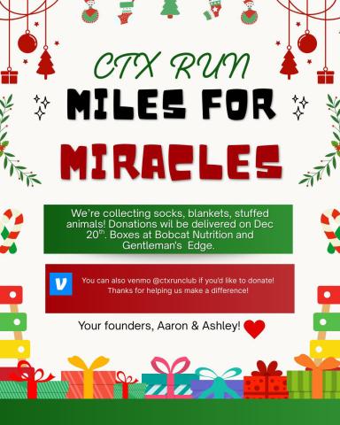 Miles for Miracles donations, including warm blankets, fuzzy socks and comforting stuffed animals, can be dropped off at Bobcat Nutrition or The Gentlemen’s Edge through Saturday, Dec. 20. CTX Run Club