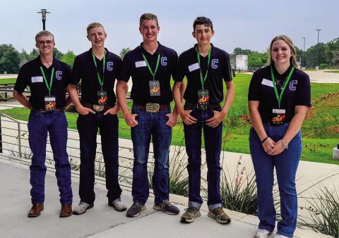 Childress County 4-H youth, including, from left, Tyler McGee, Sterling Bruce, Cutter Bruce, Tripp Tippett, Kodi Teague, attend the Texas State 4-H Roundup Monday, June 3-Thursday, June 6 in College Station-Bryan. Courtesy Photos