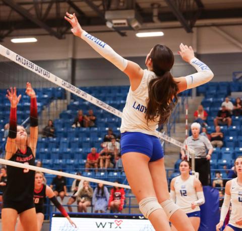 Childress’ Journey Prince goes up for a spike in the Lady Cats’ 3-0 loss against Shallowater Tuesday, Sept. 30 in Childress. Breaking a five-game losing streak, Childress Lady Cats were happy to turn things around Saturday, Oct. 4, taking a sharp 3-0 win over the Tulia Lady Hornets. Childress is currently 7-13 on the season, with plenty of inter-district action coming up. Childress High School Yearbook