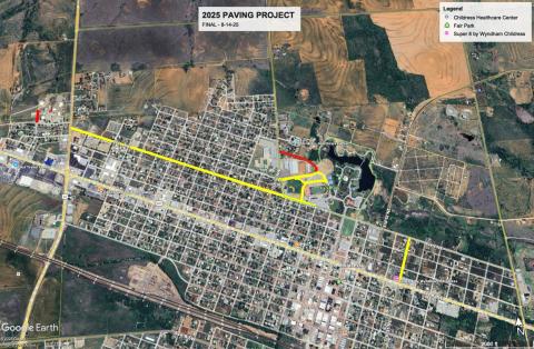 The City of Childress 2025 Paving Project will include five blocks of newly paved streets (yellow), 22 blocks of seal-coated streets (red) and the seal coating of Fair Park Stadium parking lot. City of Childress