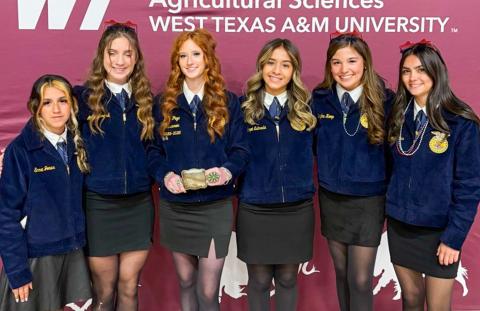 Wellington High School Future Farmers of America (FFA) members recently attend the Area 1 Convention at West Texas A&amp;M University in Canyon, where Bailey Page was elected as the Area 1 Senteniel. Additionally, Kenady Skelton placed fourth in the Area 1 Talent Contest. From left: Jazmyn Garcia, Anna Henard, Page, Hazel Estrada, Brylyn Kemp, Sophia Derr. WELLINGTON HIGH SHCOOL