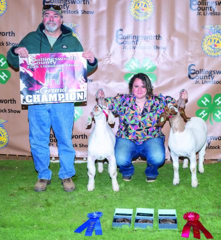 During the Saturday, Jan. 18 Collingsworth County Livestock Show festivities, Wellington High School junior Brecklyn Powell garners not only the Grand Champion Goat, Sr. Goat Showmanship and Sr. Lamb Showmanship honors, but the Herdsman Award as well, in memory of the late Don Reeves. Brecklyn’s dad, Jeff Powell, displays the Grand Champion Goat banner. See additional photos, page 4B. Photo Courtesy of Collingsworth County Livestock Show