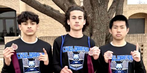Competing in the Vernon Tournament Wednesday, March 4, the team of Ivan Garcia and Henry Tang took the doubles consolation, while Afton Tipa finished third in singles. From left: Garcia, Tipa, Tang. Childress Bobcat Boosters